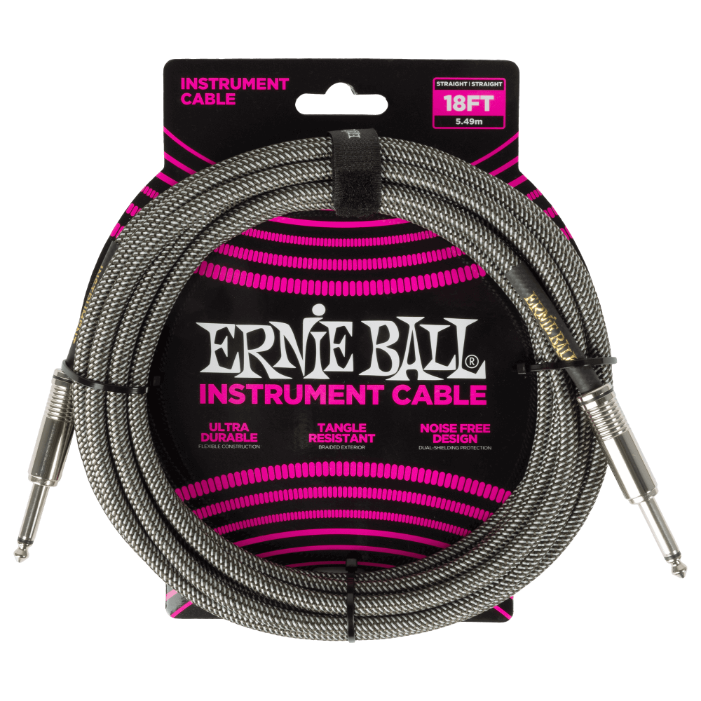Ernie Ball P06433 Braided Instrument Cable Straight/Straight 18ft - Silver Fox