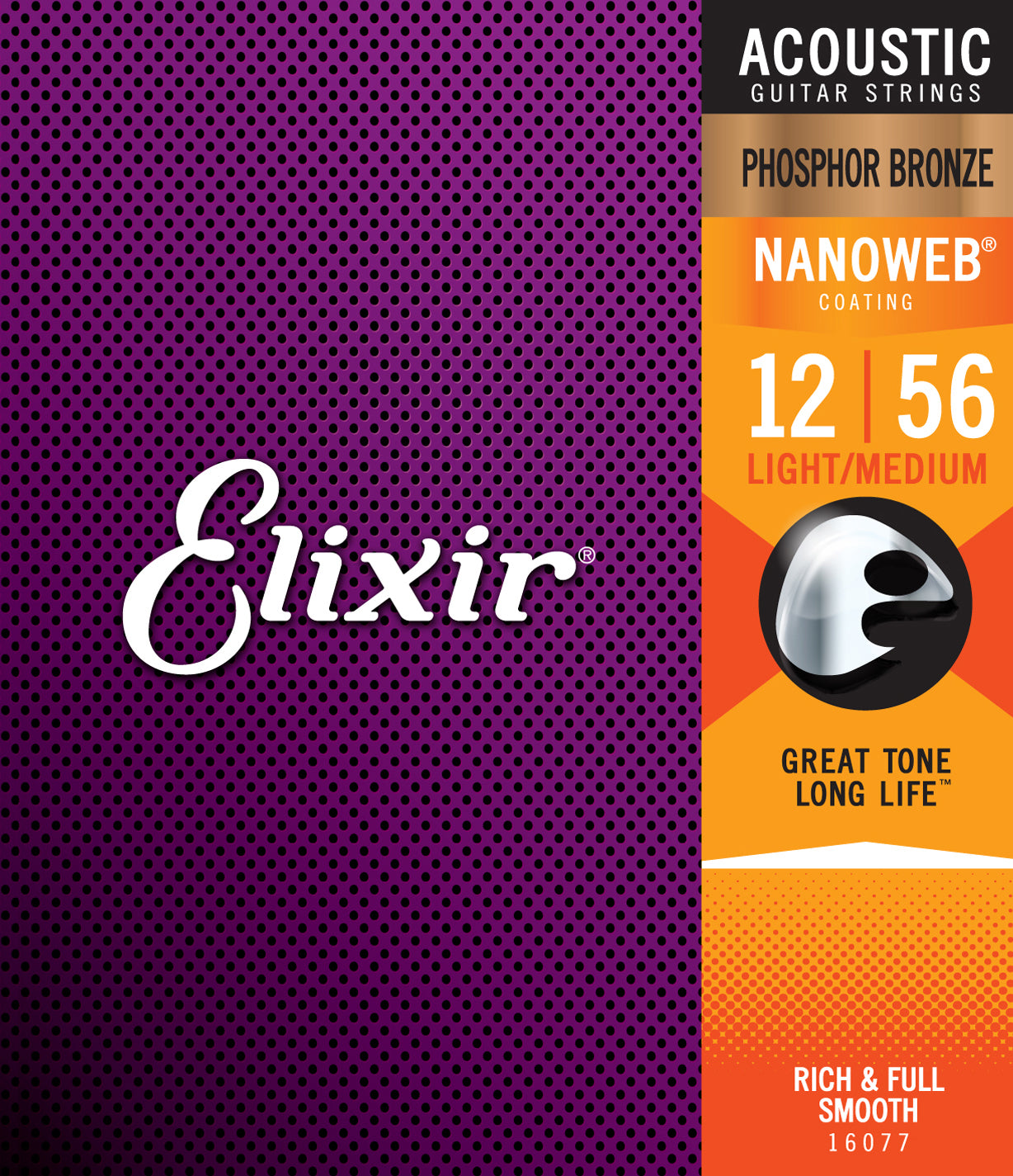 Elixir Strings 16077 Acoustic Phosphor Bronze w/Nanoweb Coating Lite Medium 12