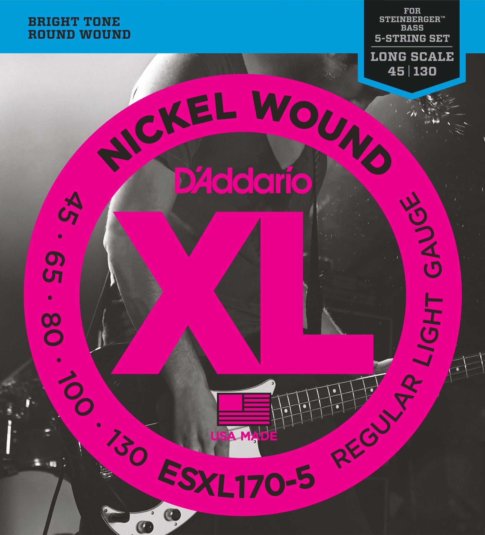 D'Addario ESXL170-5 Nickel Wound 5-String Bass, Light, Dbl Ball End, Long Scale