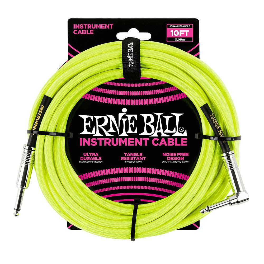 Ernie Ball P06080 Braided Straight / Angle Instrument Cable - 10' Neon Yellow