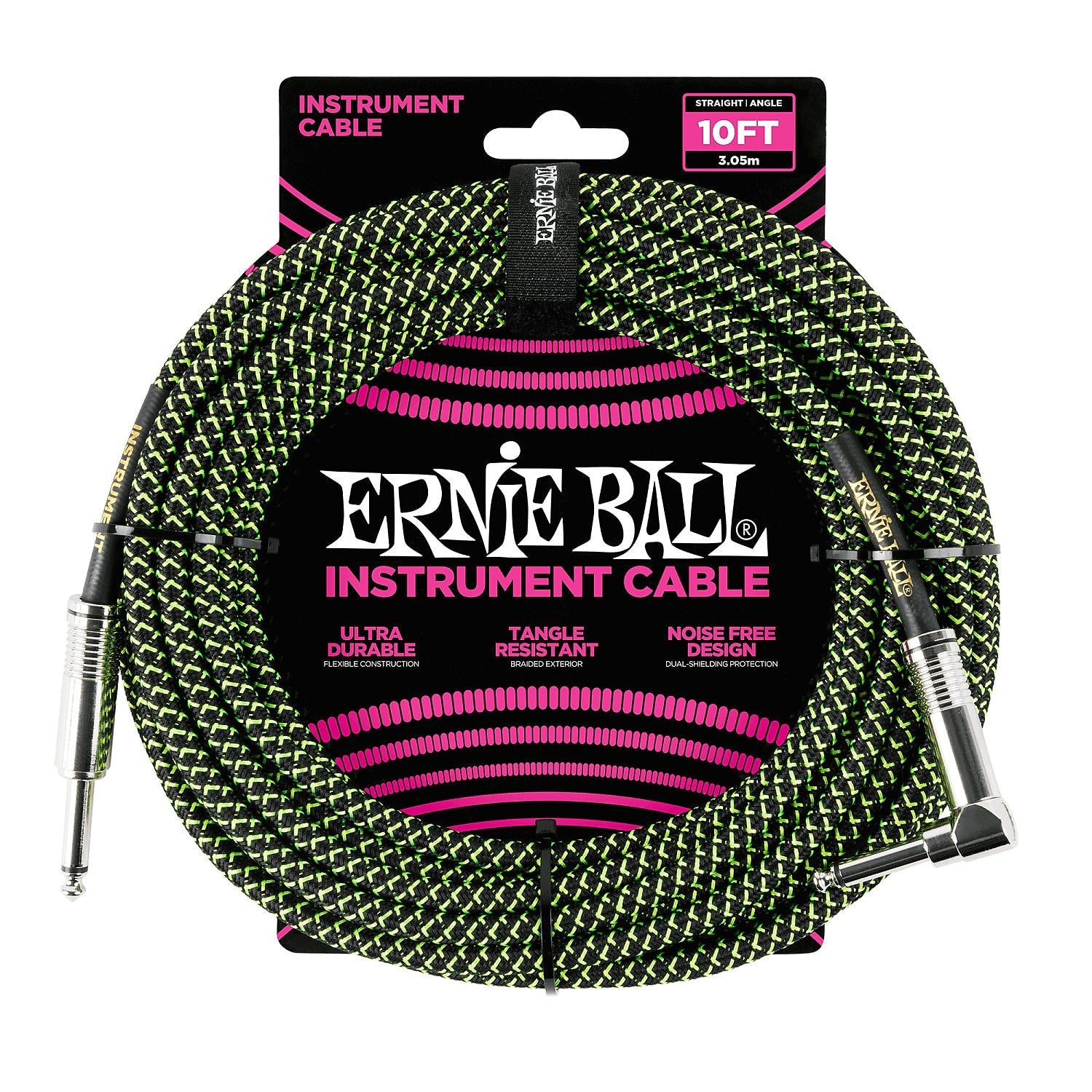 Ernie Ball P06077 Braided Straight / Angle Instrument Cable - 10' Black / Green