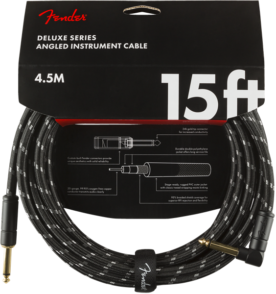 Fender Deluxe Series Instrument Cable, Straight/Angle, 15' Black Tweed