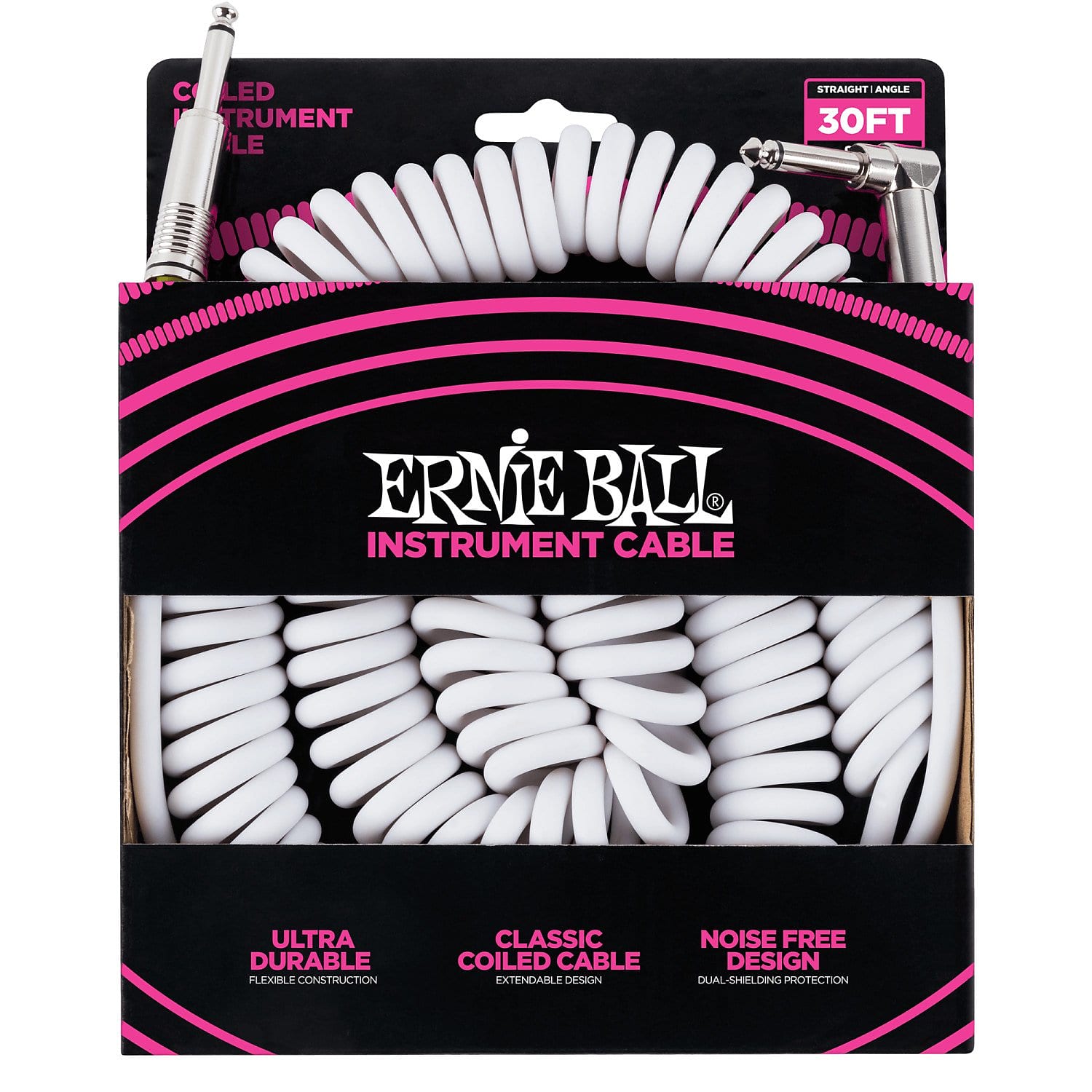 Ernie Ball P06045 Coiled Straight / Angle Instrument Cable - 30' White