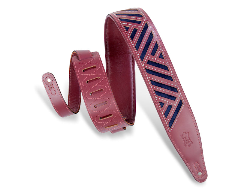 Levy's 2.5" Chrome-tan Leather Guitar Strap - Burgundy w/Navy Diamond Cutouts