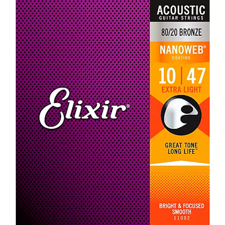 Elixir Strings 11002 Acoustic 80/20 Bronze with NANOWEB Coating, Extra Light .010-.047