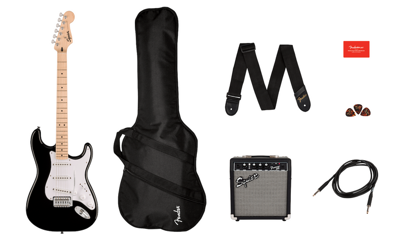 Fender Squier Sonic Stratocaster Pack, Maple Fingerboard, Black, Gig Bag, 10G - 120V