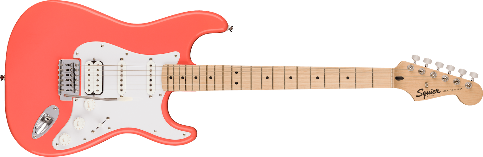 Fender Squier Sonic Stratocaster HSS, White Pickguard, Tahitian Coral