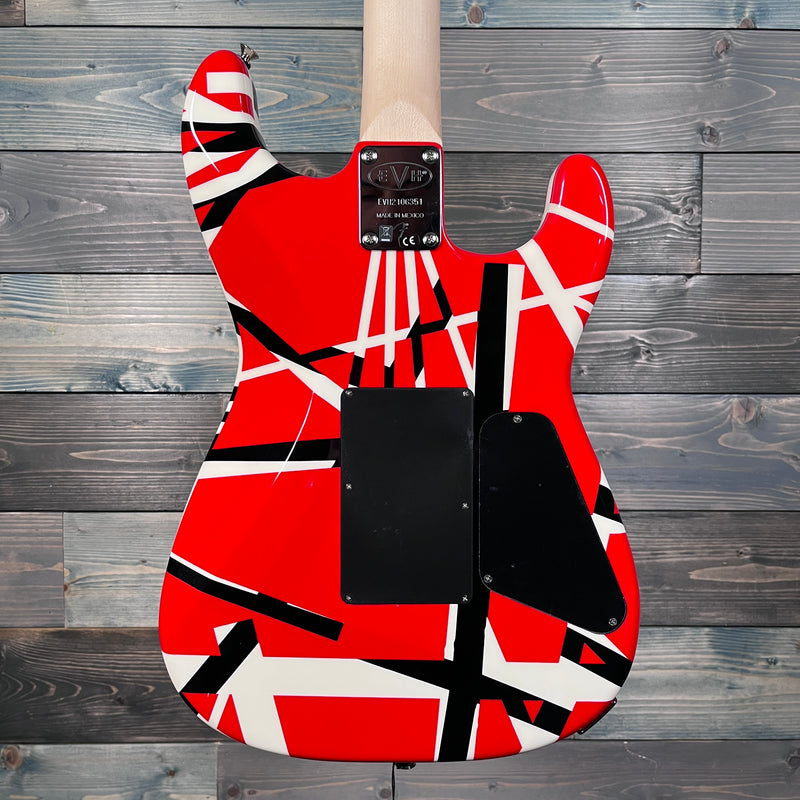 DEMO EVH Striped Maple FB, Red, Black and White Stripes Lefty Guitar