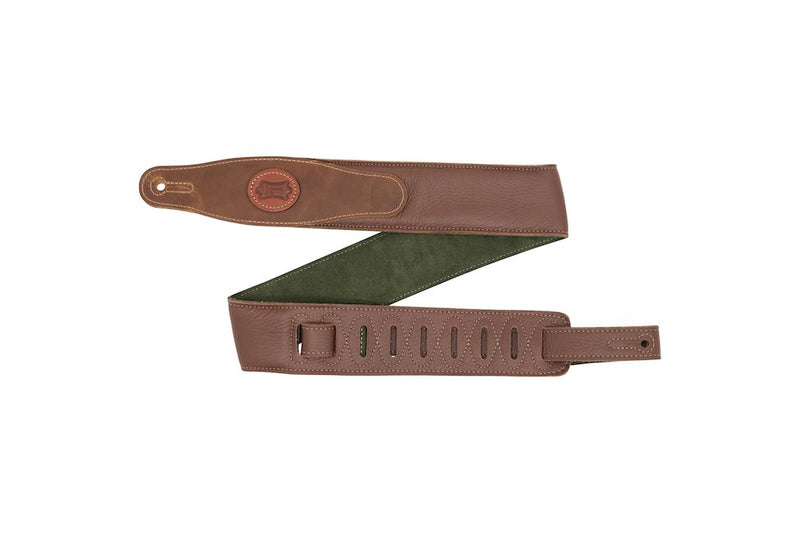 Levy's 2.5"" Brown Padded Leather Guitar Strap with Olive Green Suede Backing