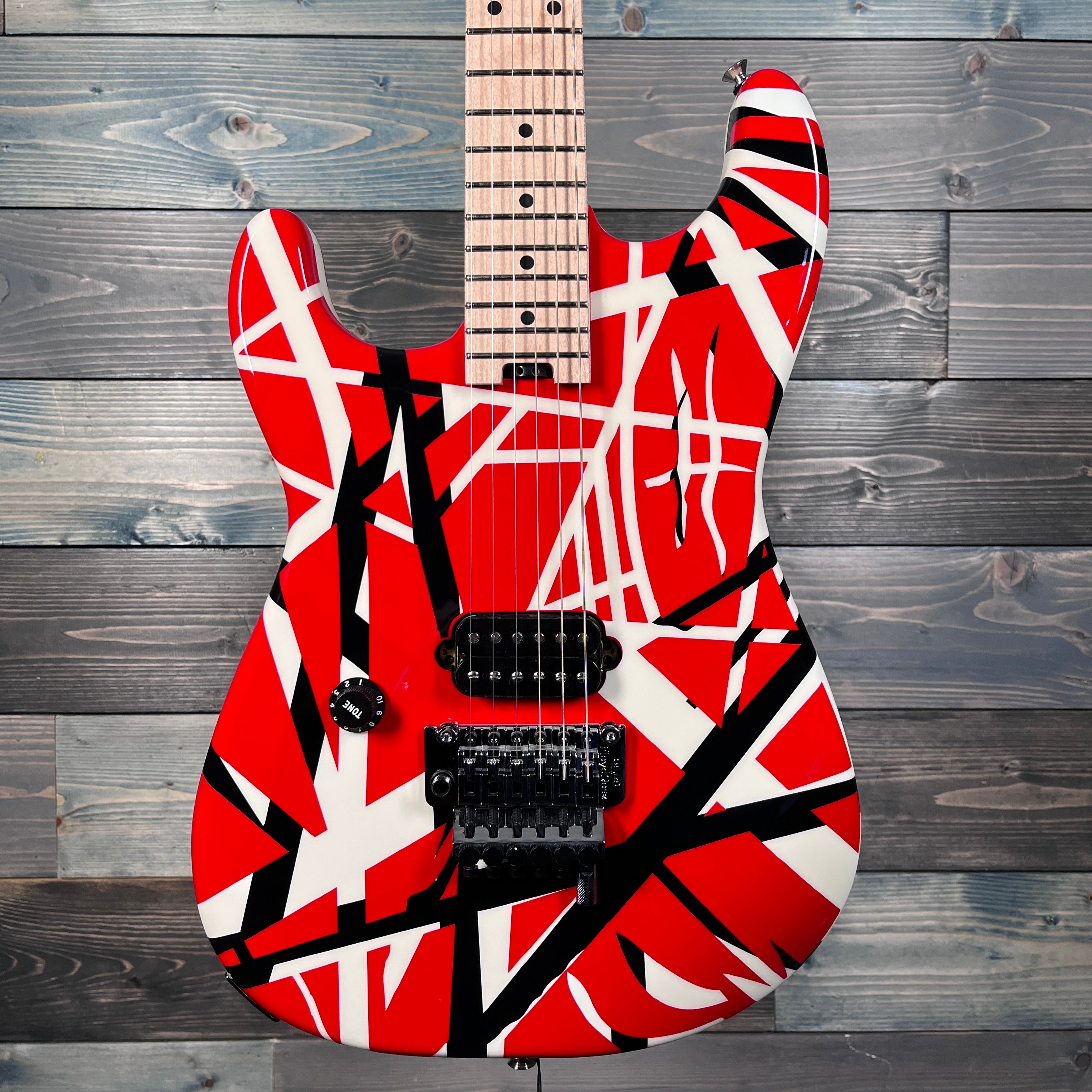 EVH Striped Maple FB, Red, Black and White Stripes Lefty Guitar