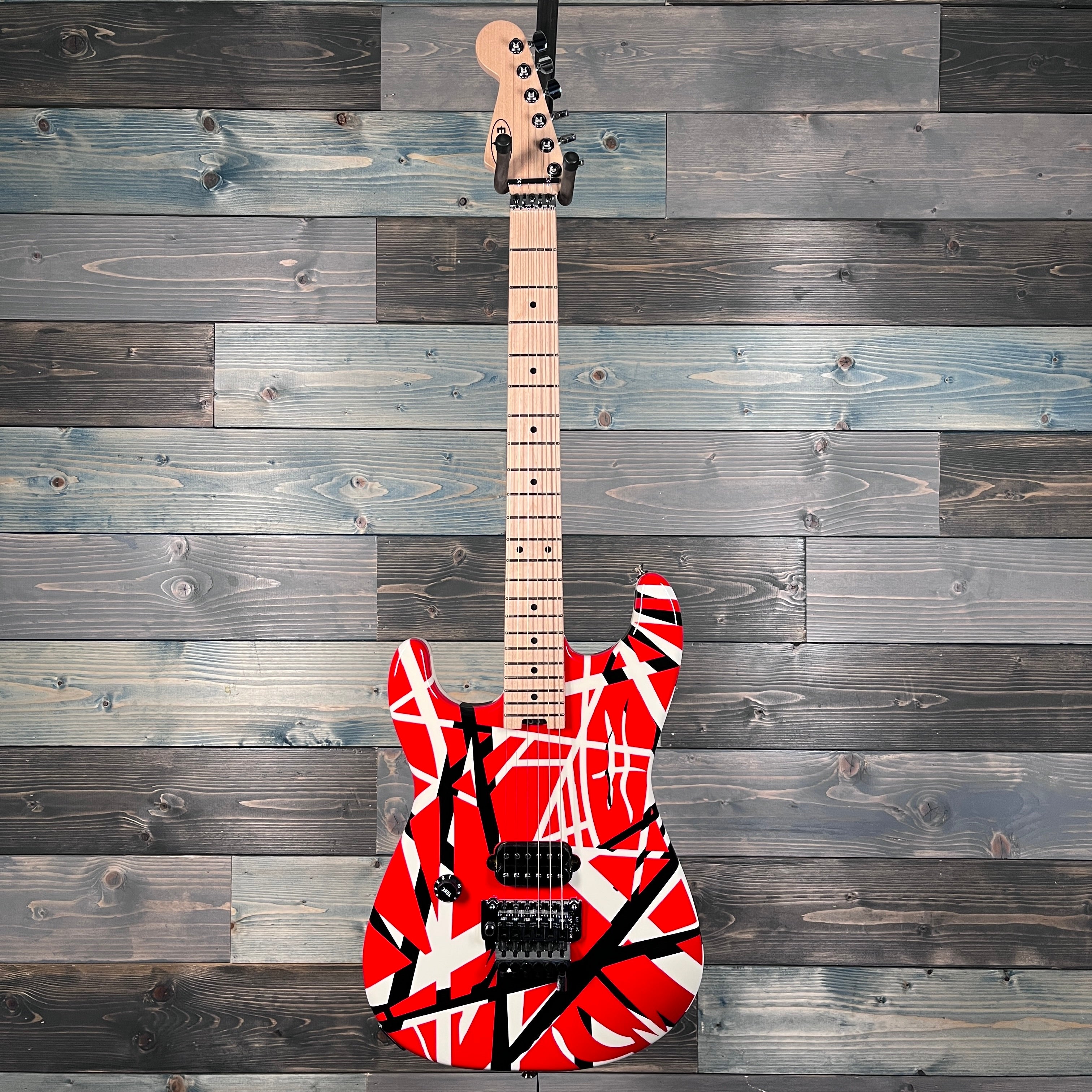 EVH Striped Maple FB, Red, Black and White Stripes Lefty Guitar