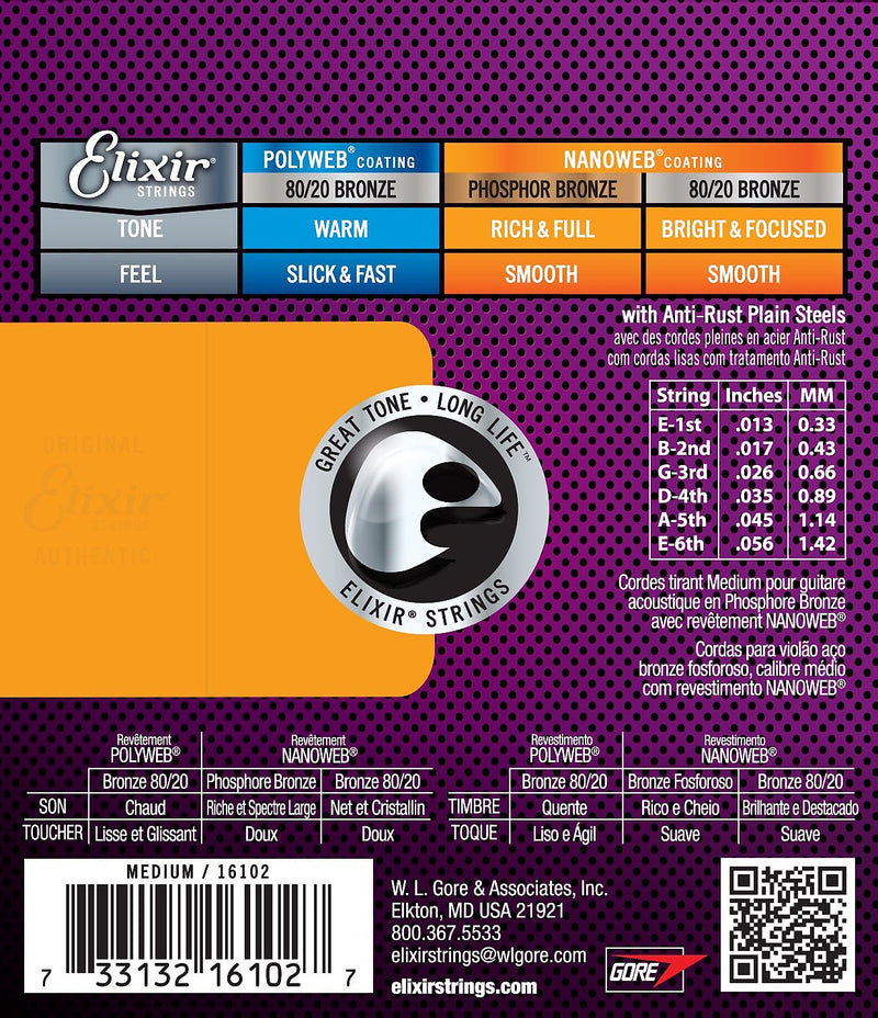 Elixir Strings 16102 Acoustic Phosphor Bronze w/ Nanoweb Coating Medium 13