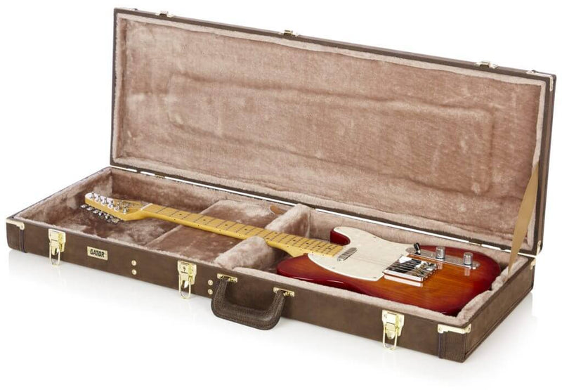 Gator Cases Deluxe Wood Series Electric Guitar Case, Vintage Brown