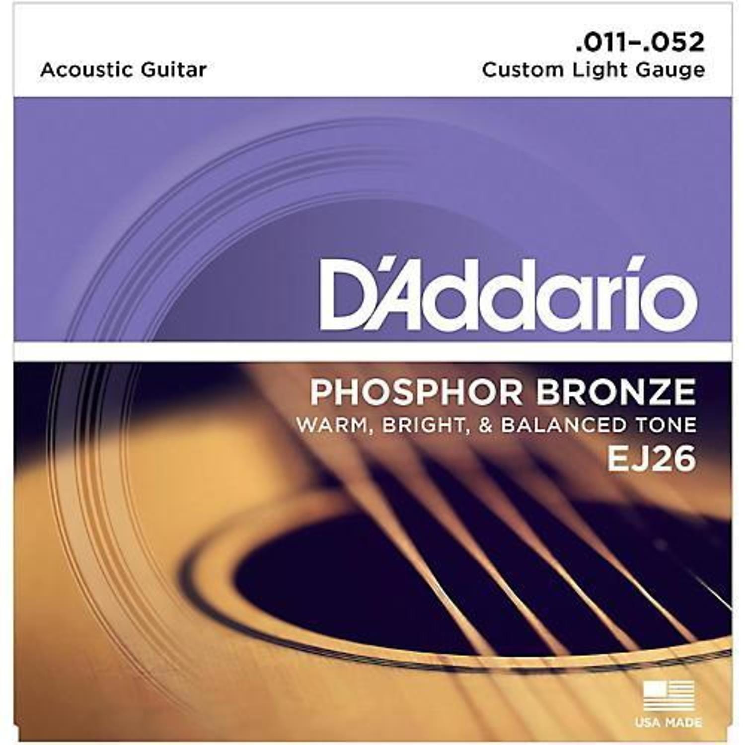 D'Addario Phosphor Bronze Acoustic Guitar Strings, Custom Light, 11-52 (EJ26)