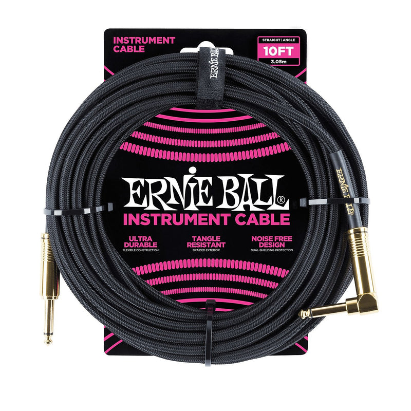 Ernie Ball P06081 Braided Straight Angle Instrument Cable 10' Black Gold Ends