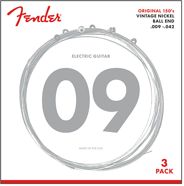 Fender Original 150 Guitar Strings, Pure Nickel Wound 150L .009-.042 3-Pack