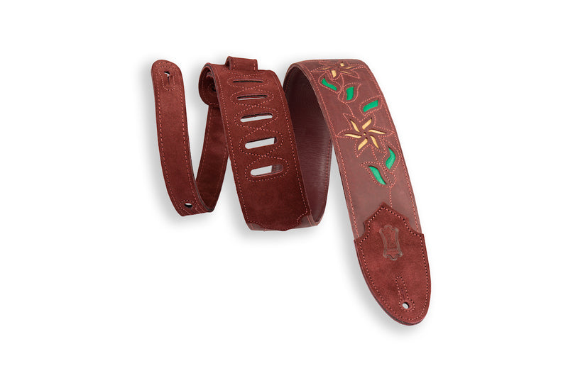 Levy's Leather Flowering Vine Strap-Burgundy w/Yellow Flowers