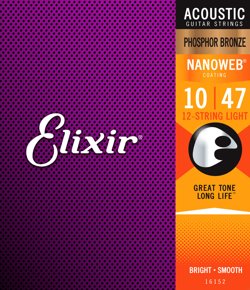 Elixir Strings 16152 Acoustic P. Bronze w/NANOWEB Coating 12-Strg Lt .010-.047