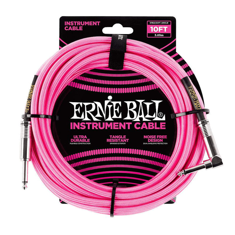 Ernie Ball P06078 Braided Straight / Angle Instrument Cable - 10' Neon Pink