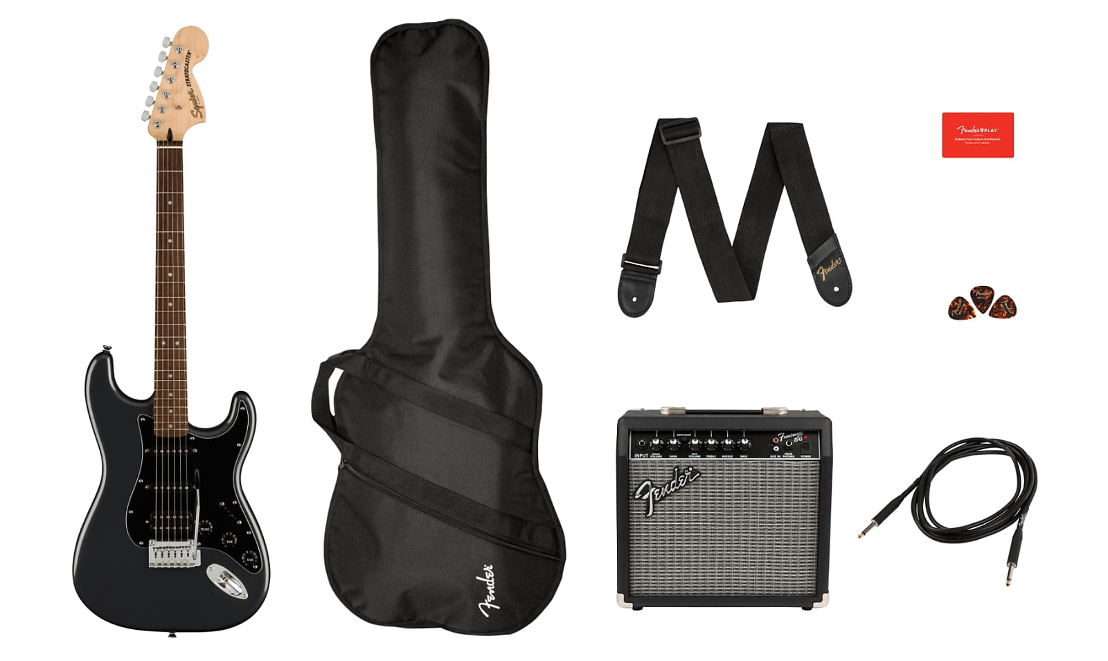 Fender Squier Affinity Series Stratocaster HSS Pack, Laurel Fingerboard, Charcoal Frost Metallic, Gig Bag, 15G - 120V