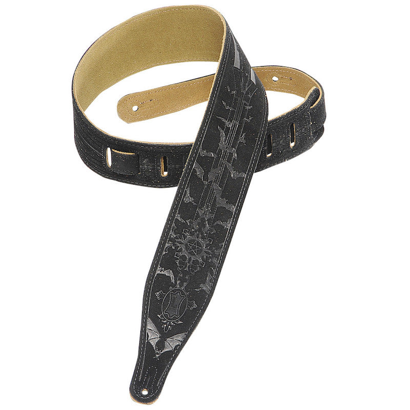 Levy's 2 1/2" Wide Black Suede Guitar Strap - Bats and Pentagram