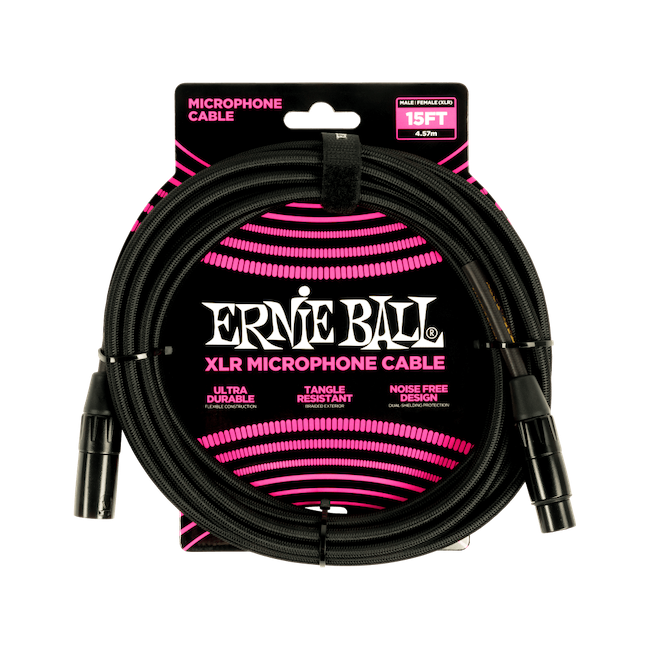 Ernie Ball P06291 15' Braided Male / Female XLR Microphone Cable Black