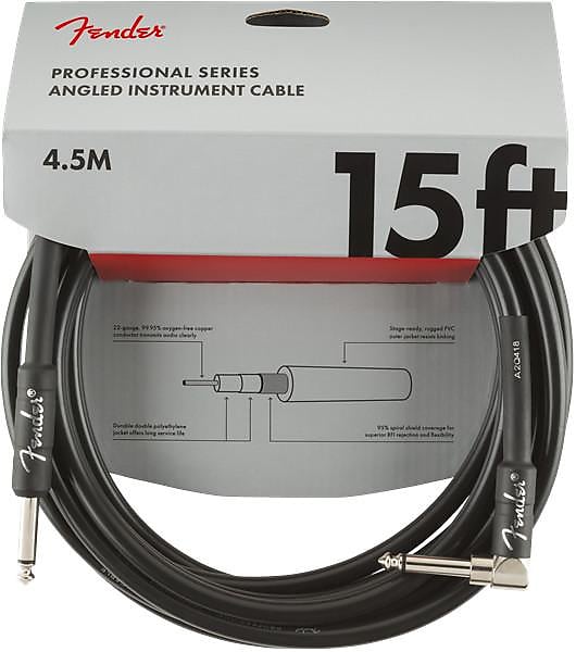 Fender Professional Series Instrument Cables, Straight/Angle, 15', Black