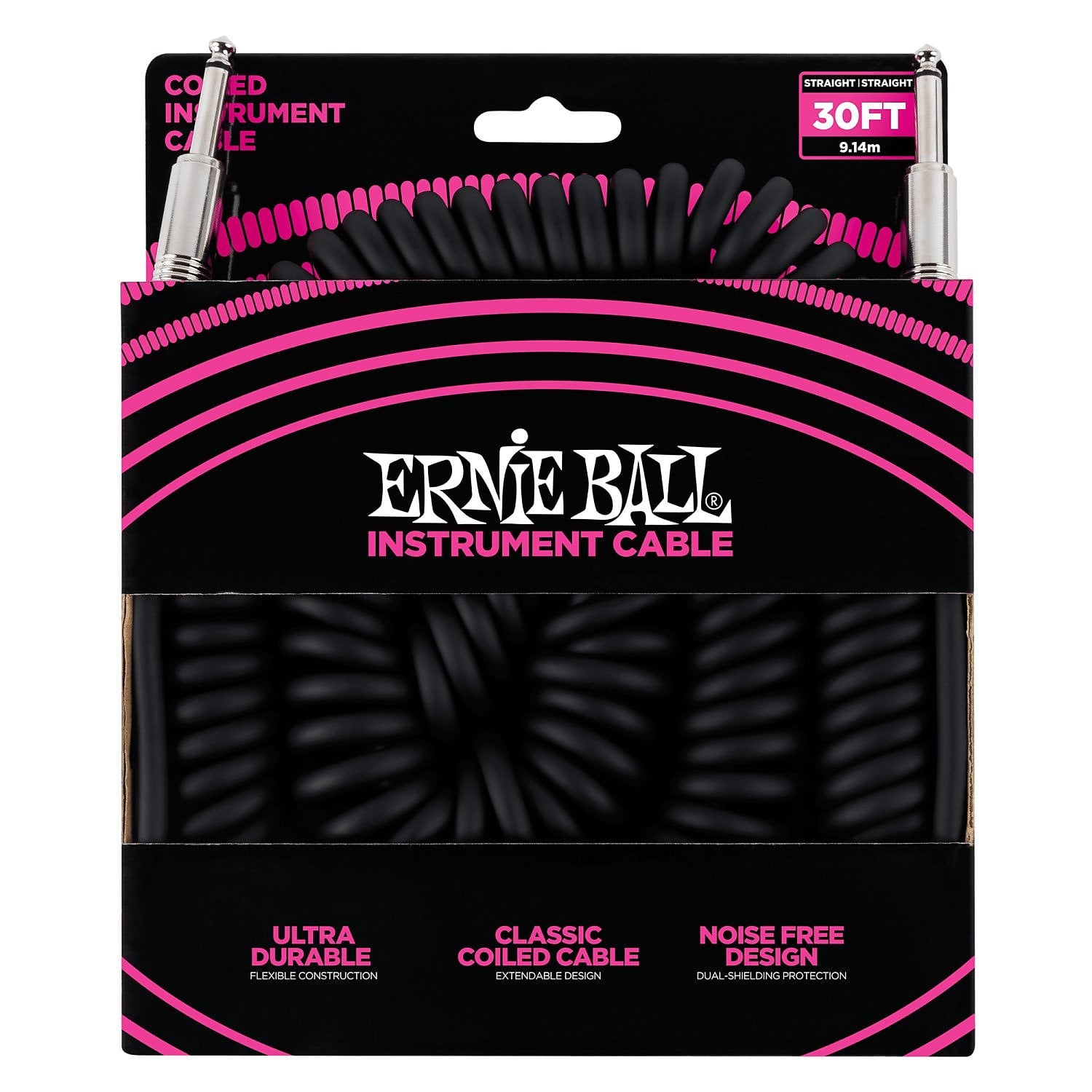 Ernie Ball P06044 Coiled Straight / Straight Instrument Cable - 30' Black