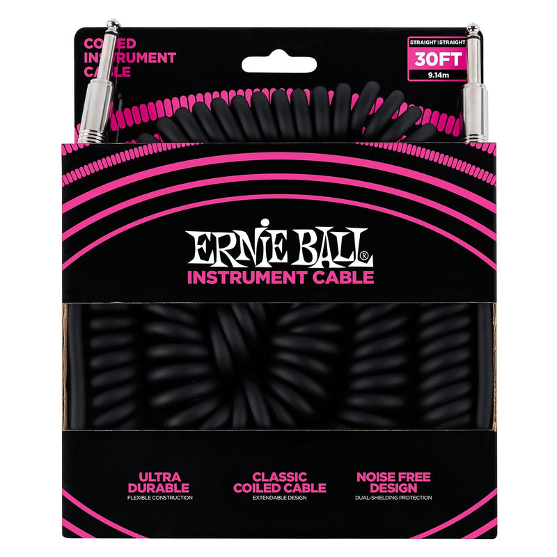 Ernie Ball P06044 Coiled Straight / Straight Instrument Cable - 30' Black