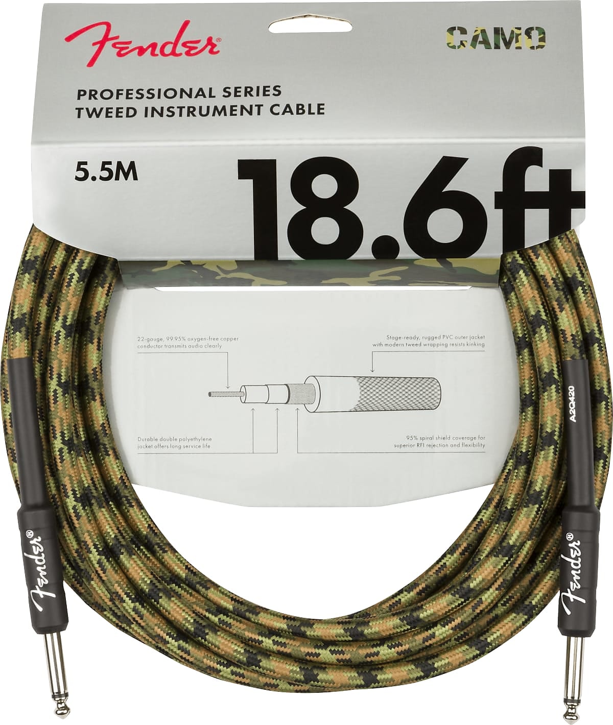 Fender Professional Series Instrument Cable, Straight/Straight,18.6', Woodland Camo