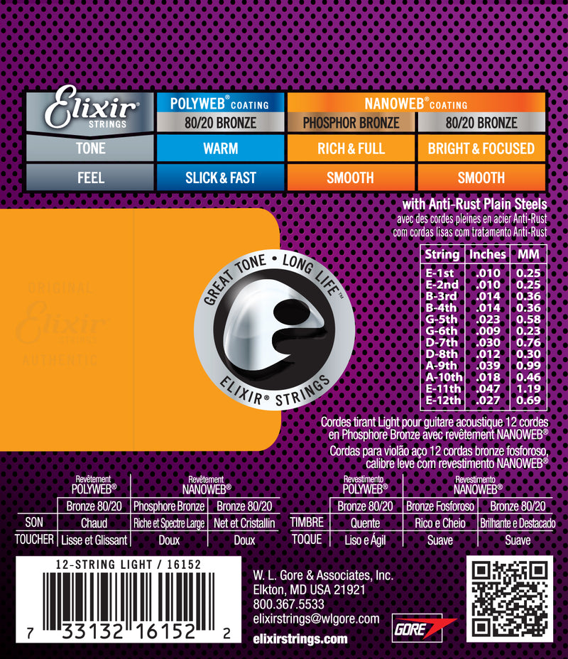 Elixir Strings 16002 Acoustic Phosphor Bronze w/Nanoweb Coating Light