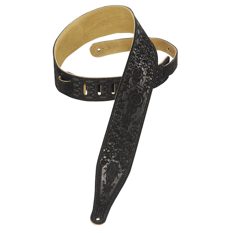 Levy's 2 1/2" Wide Black Suede Guitar Strap - Skulls and Pentagram
