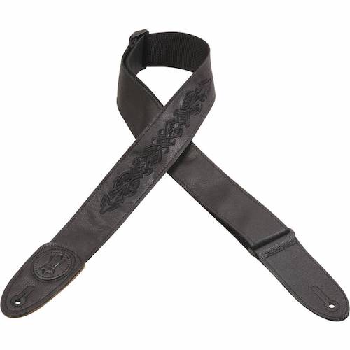 Levy's MSS7GPE-004 2in Polyester Guitar Strap - Black Leather with Embroidery Design