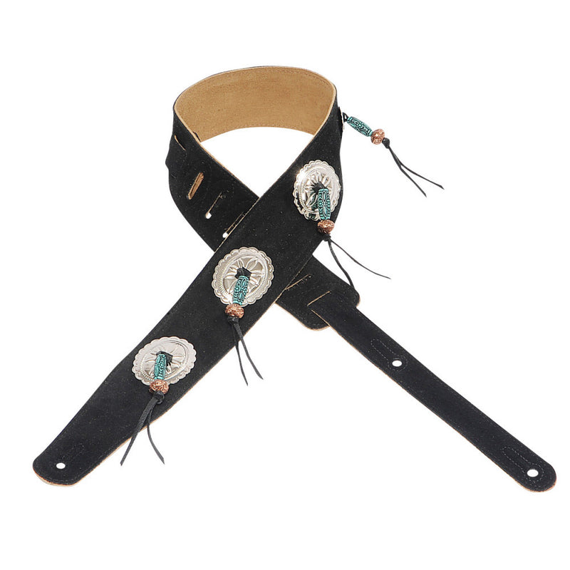 Levy's 2.5" Wide Black Suede Guitar Strap - Santa Fe Turquoise Beads and Conchos
