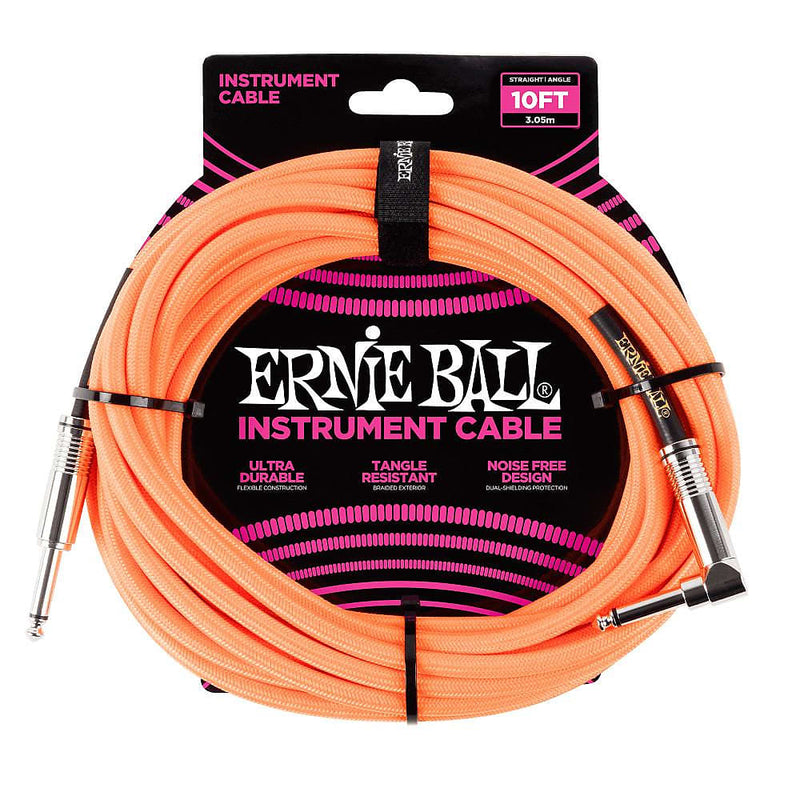 Ernie Ball P06079 Braided Straight / Angle Instrument Cable - 10' Neon Orange