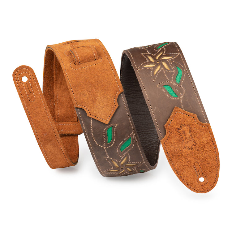 Levy's Flowering Vine Series Brown Leather Guitar Strap w/Yellow Flowers