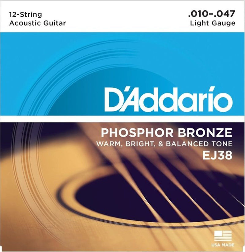 D'Addario EJ38 Phosphor Bronze 12-String Acoustic Guitar Strings, Light, 10-47