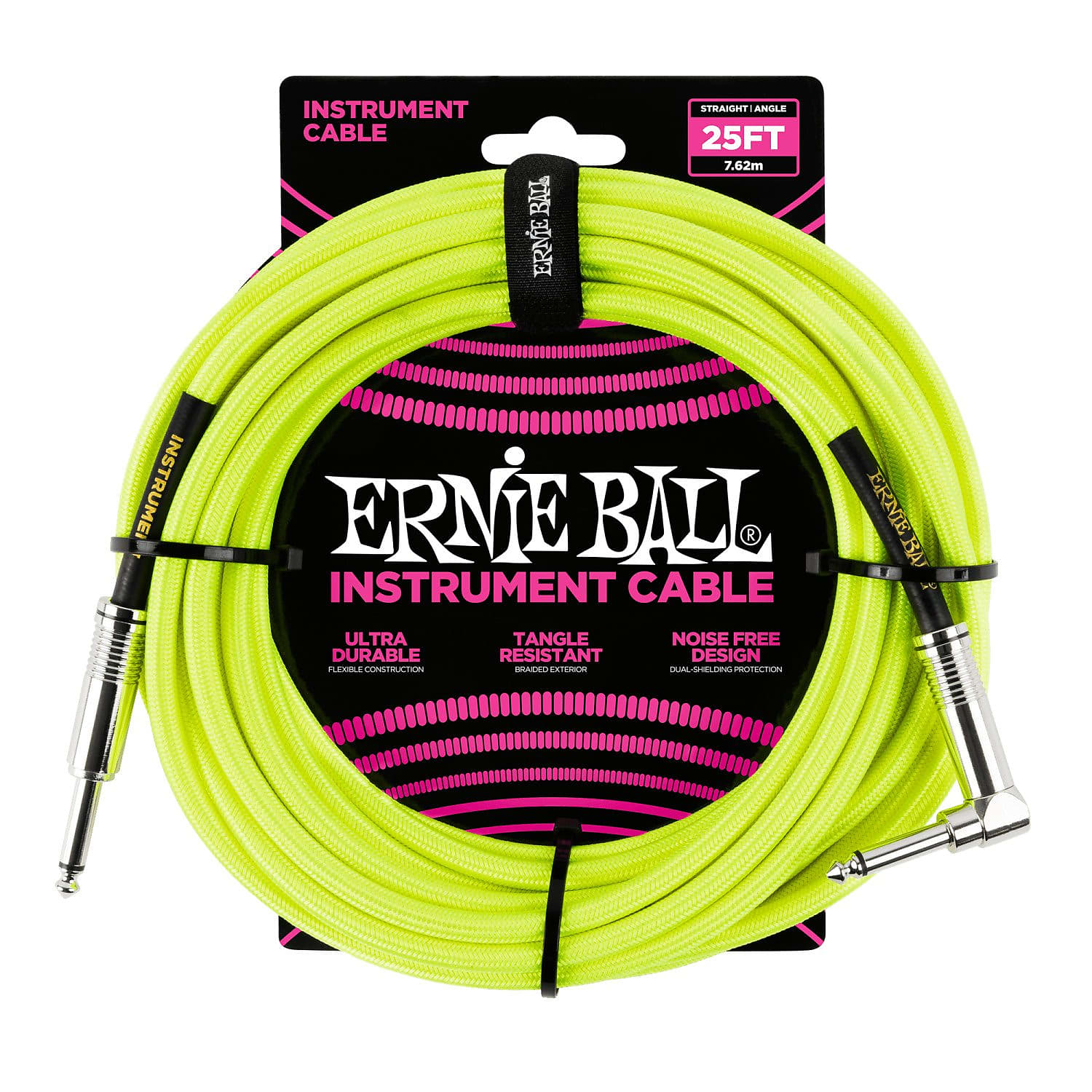 Ernie Ball P06057 Braided Straight / Angle Instrument Cable - 25' Neon Yellow