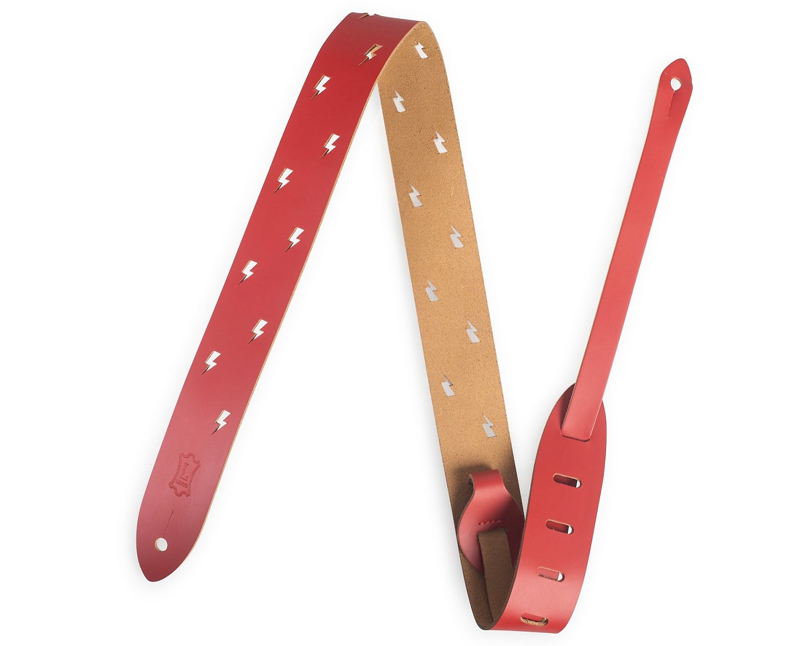 Levy's 1.5in Kids Leather Guitar Strap - Red Lightning Bolt Punch Out