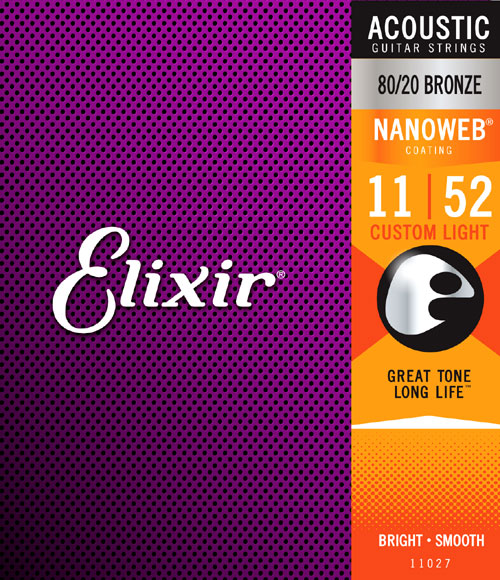 Elixir Strings 11027 Acoustic 80/20 Bronze NANOWEB Coating Cstm Light .011-.052