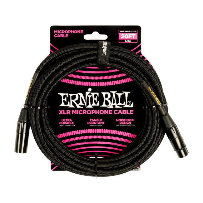 Ernie Ball P06392 20' Braided Male / Female XLR Microphone Cable Black